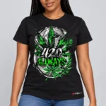 420 Always on a model wearing a black graphic T-shirt with C63s.com hem branding