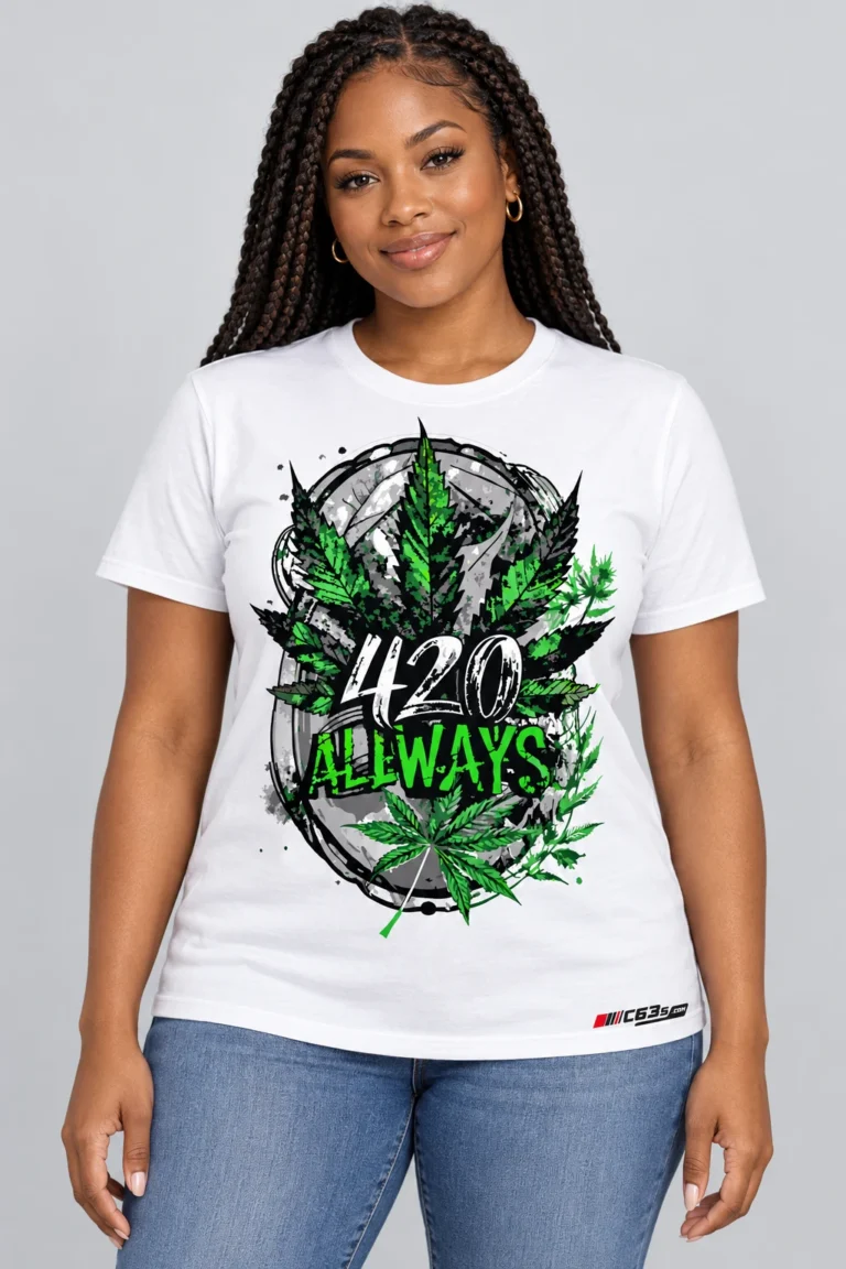 420 Always on a model wearing a white graphic T-shirt with C63s.com hem branding