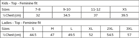 BRT Motion Top — official Barron size guide