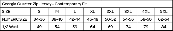 Georgia Quarter Zip Jersey — official Barron size guide