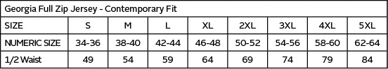Georgia Full Zip Jersey — official Barron size guide