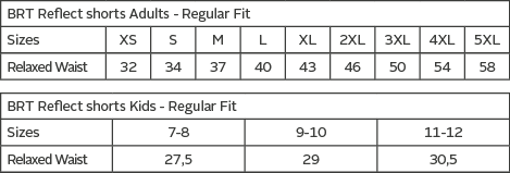 BRT Reflect Shorts — official Barron size guide