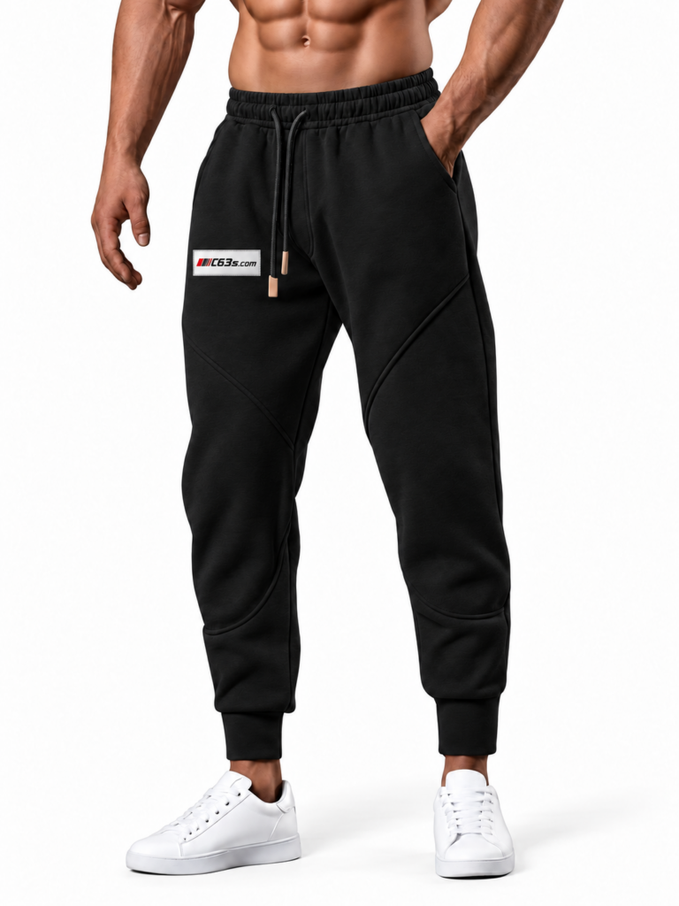 C63s black fleece joggers with white logo patch on right upper leg