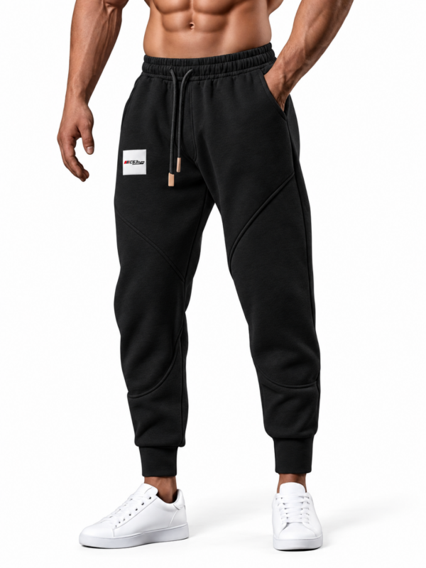 C63s black fleece joggers with white logo patch on right upper leg