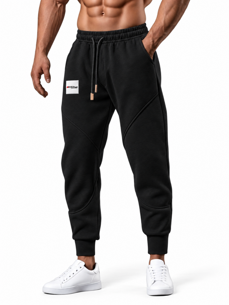 C63s black fleece joggers with white logo patch on right upper leg