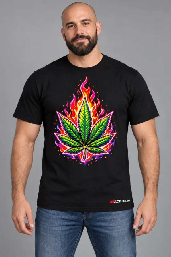 Blazing Leaf on a model wearing a black graphic T-shirt with C63s.com hem branding