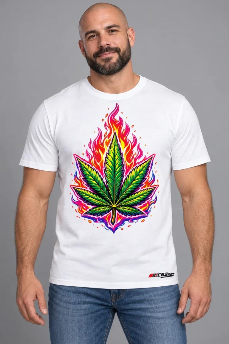 Blazing Leaf on a model wearing a white graphic T-shirt with C63s.com hem branding