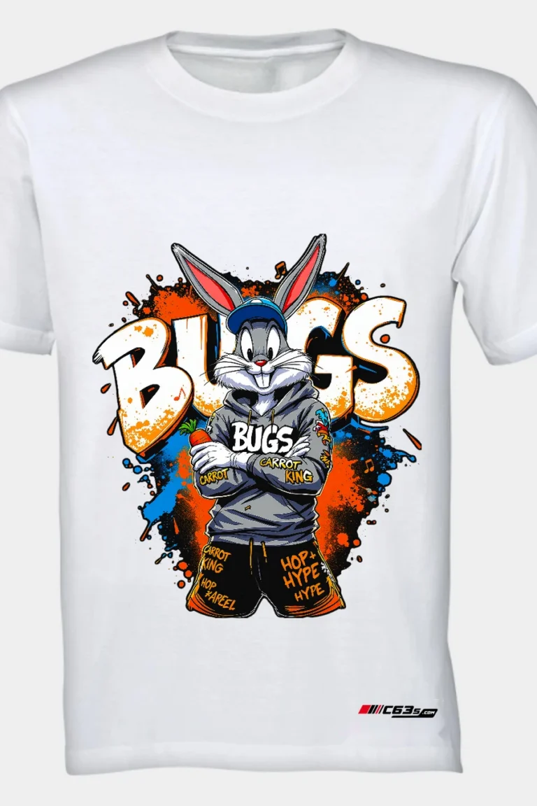Bugs Street King graphic T-shirt — White shirt-only front view showing the design