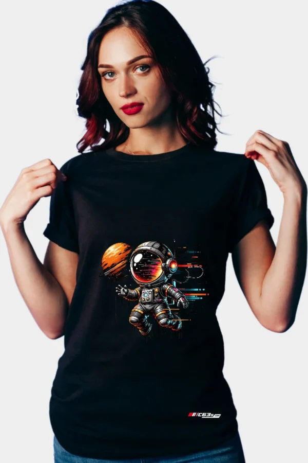 Cosmic Drifter graphic T-shirt — Black front view on the catalogue model