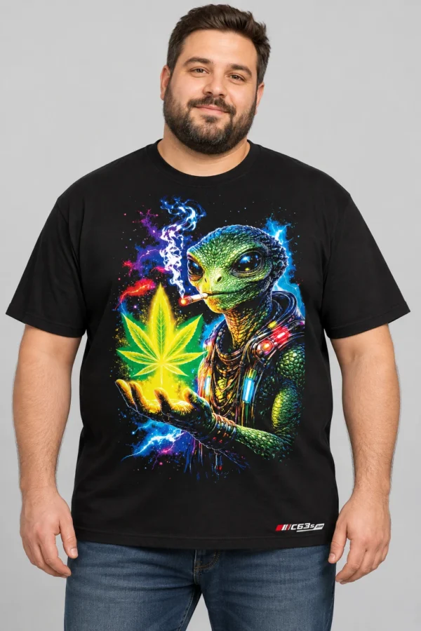Cosmic Reptile on a model wearing a black graphic T-shirt with C63s.com hem branding