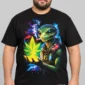 Cosmic Reptile on a model wearing a black graphic T-shirt with C63s.com hem branding