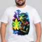 Cosmic Reptile on a model wearing a white graphic T-shirt with C63s.com hem branding