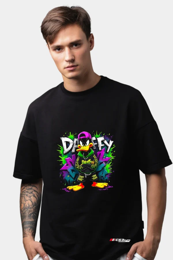 Daffy Street Rebel graphic T-shirt — Black front view on the catalogue model