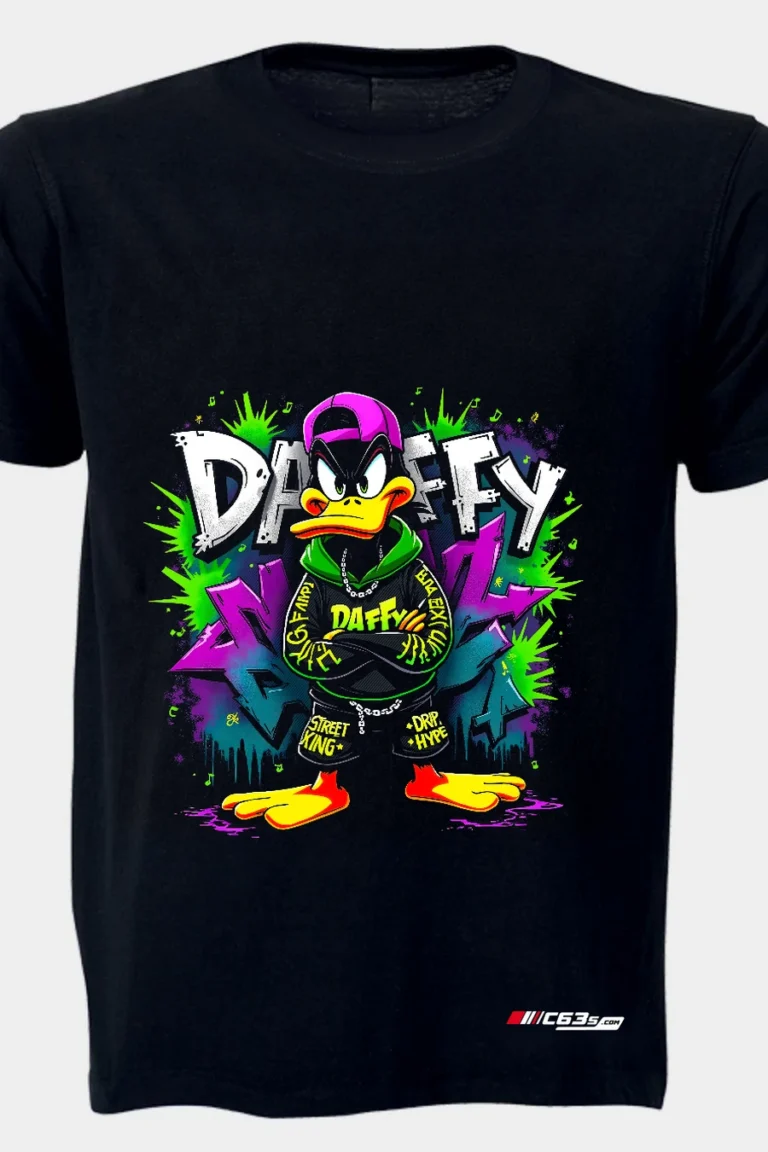 Daffy Street Rebel graphic T-shirt — Black shirt-only front view showing the design