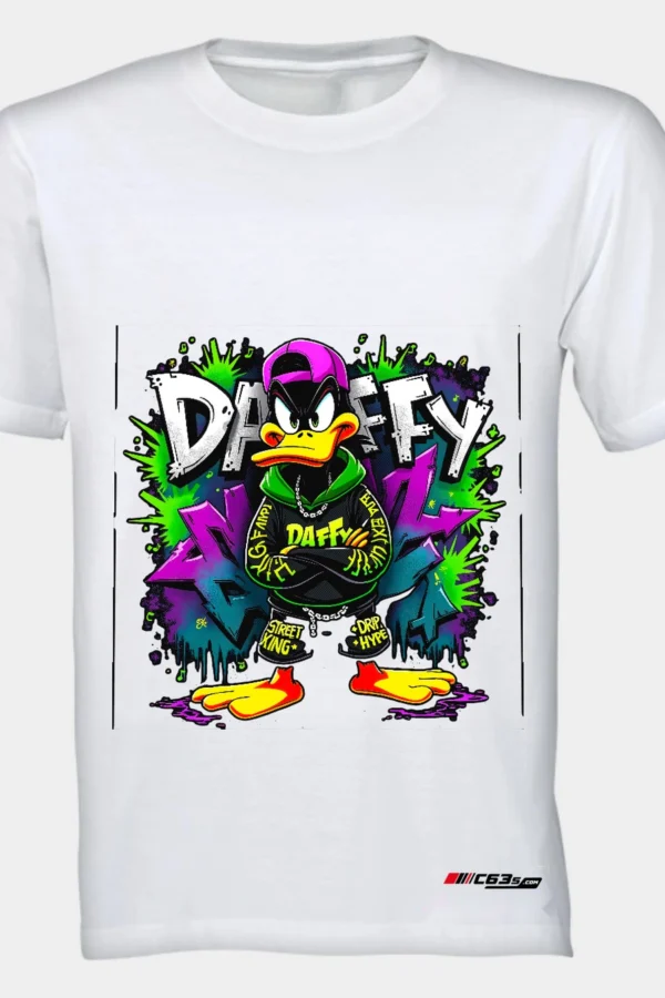 Daffy Street Rebel graphic T-shirt — White shirt-only front view showing the design