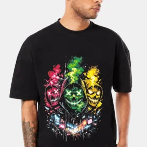 Neon Skull Trio Graphic T-Shirt — model front view