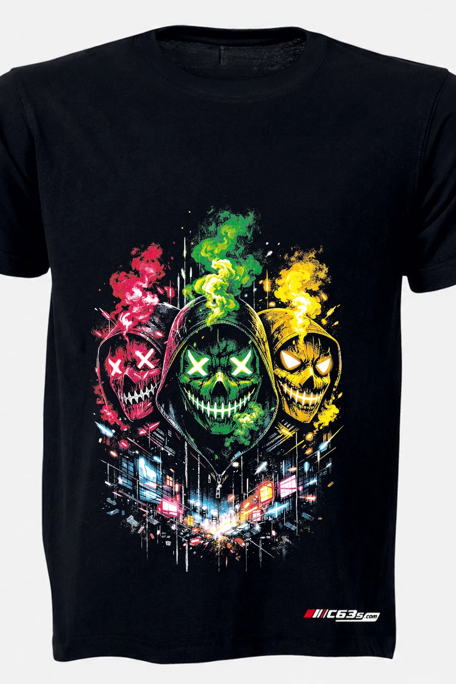 Neon Skull Trio Graphic T-Shirt — olive front view