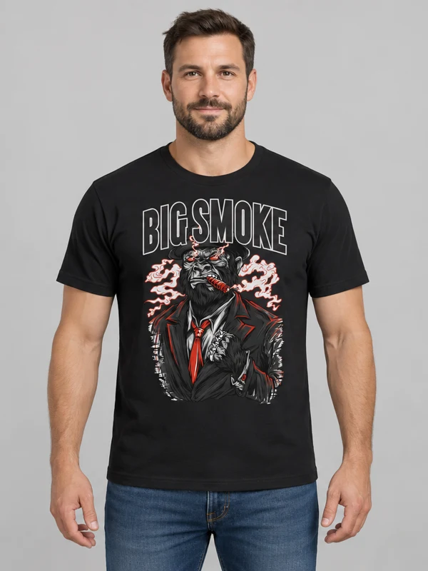 Big Smoke on a black tee — model front view
