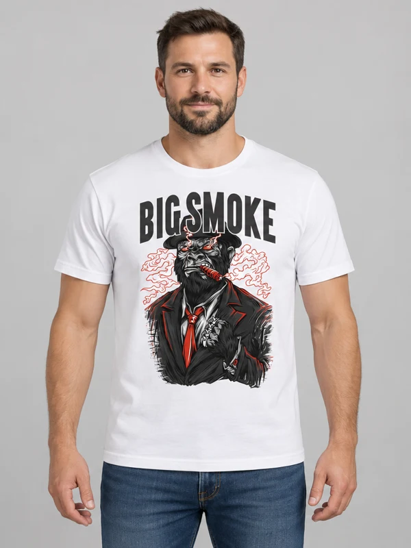 Big Smoke on a white tee — model front view