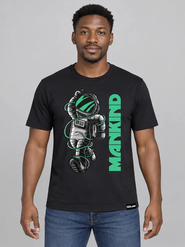 Mankind on a black tee — model front view