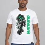 Mankind on a white tee — model front view