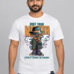 Shut Your Mouth on a white tee — model front view