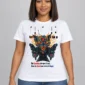 Three Eyed Gangster on a white tee — model front view