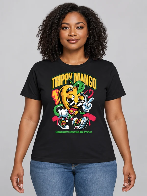 Trippy Mango on a black tee — model front view