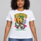 Trippy Mango on a white tee — model front view
