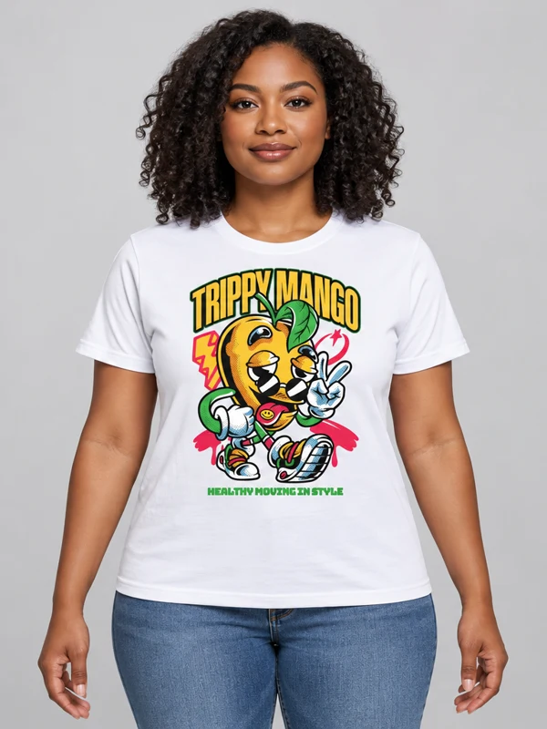 Trippy Mango on a white tee — model front view