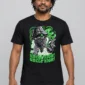 Uncle High on a black tee — model front view