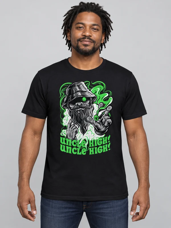 Uncle High on a black tee — model front view