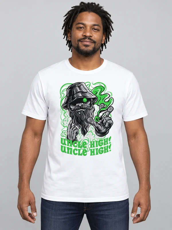 Uncle High on a white tee — model front view