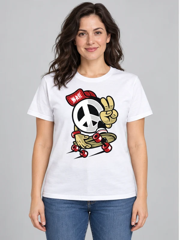 Peace Skater on a white tee — model front view