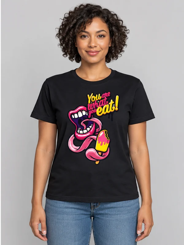 You Are What You Eat on a black tee — model front view