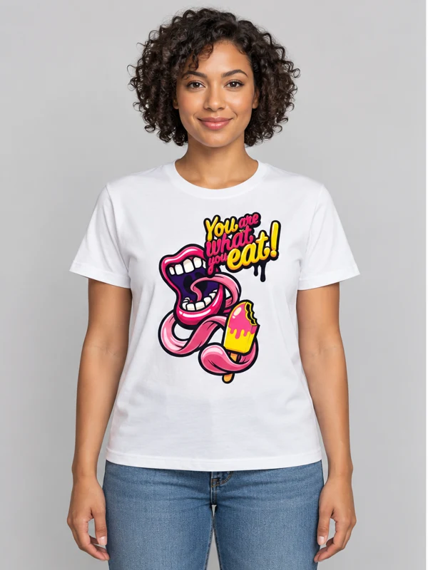 You Are What You Eat on a white tee — model front view