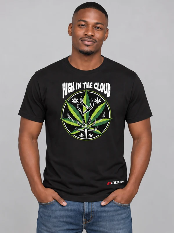 High In The Cloud on a black tee — model front view