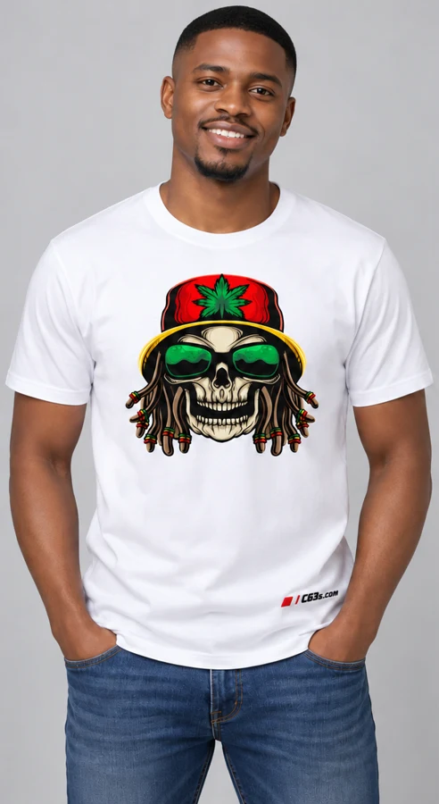 Weed Rasta Skull on a white tee — model front view