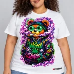 Dope Bear on a model wearing a white graphic T-shirt with C63s.com hem branding