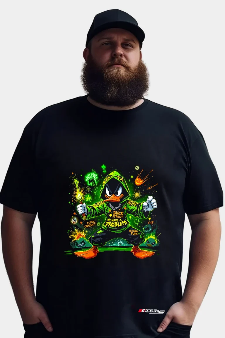Duck Attack — Explosive Attitude graphic T-shirt — Black front view on the catalogue model