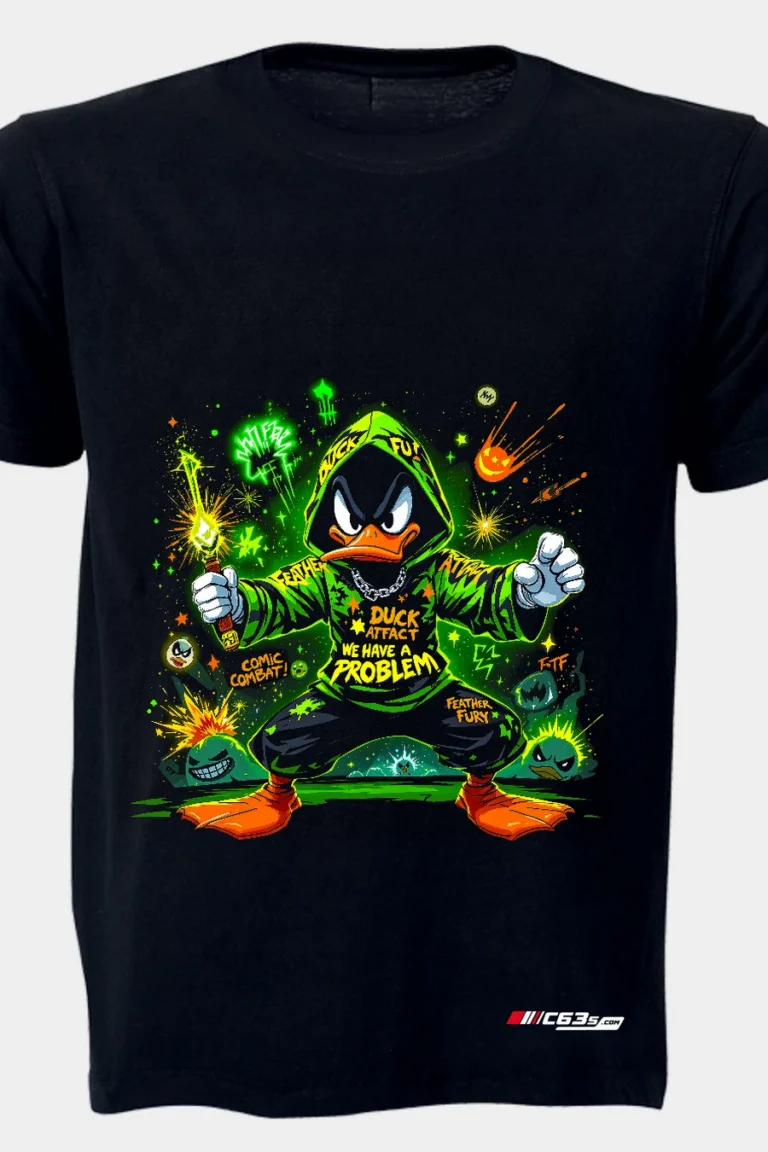 Duck Attack — Explosive Attitude graphic T-shirt — Black shirt-only front view showing the design