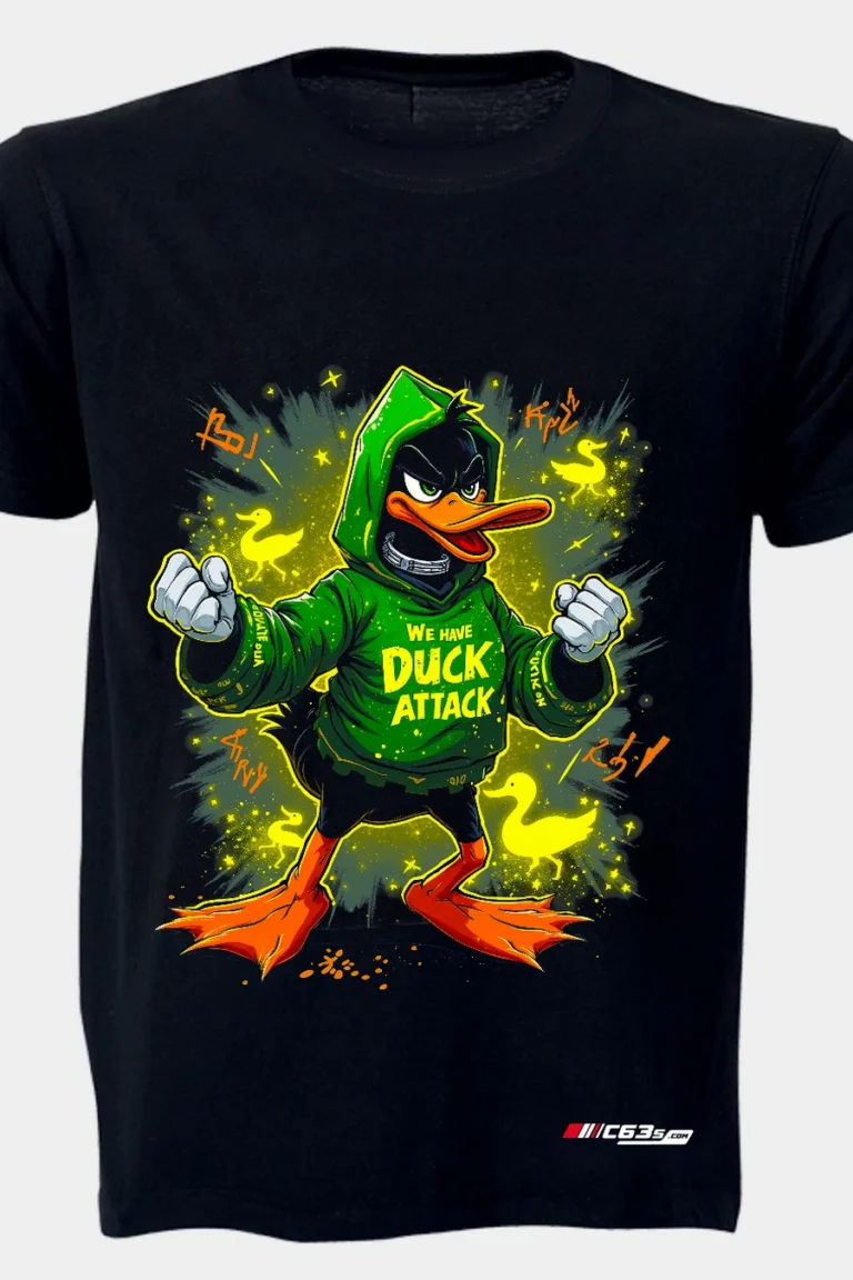 Duck Attack graphic T-shirt — Black shirt-only front view showing the design