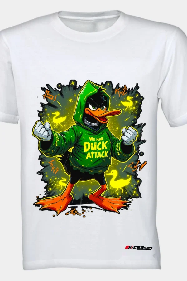 Duck Attack graphic T-shirt — White shirt-only front view showing the design