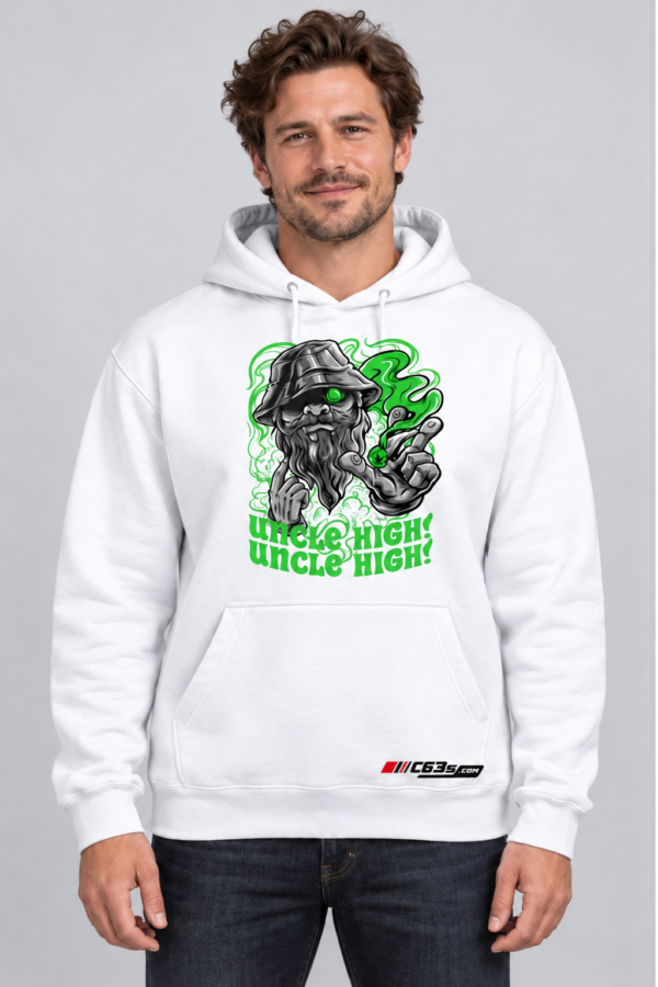 c63-exact-logo-20908-white Uncle High Hoodie with embroidered C63s.com master logo