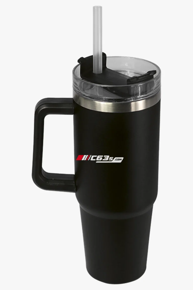 C63s 900ml Travel Mug with Handle — C63s logo branding preview; custom branding quoted separately