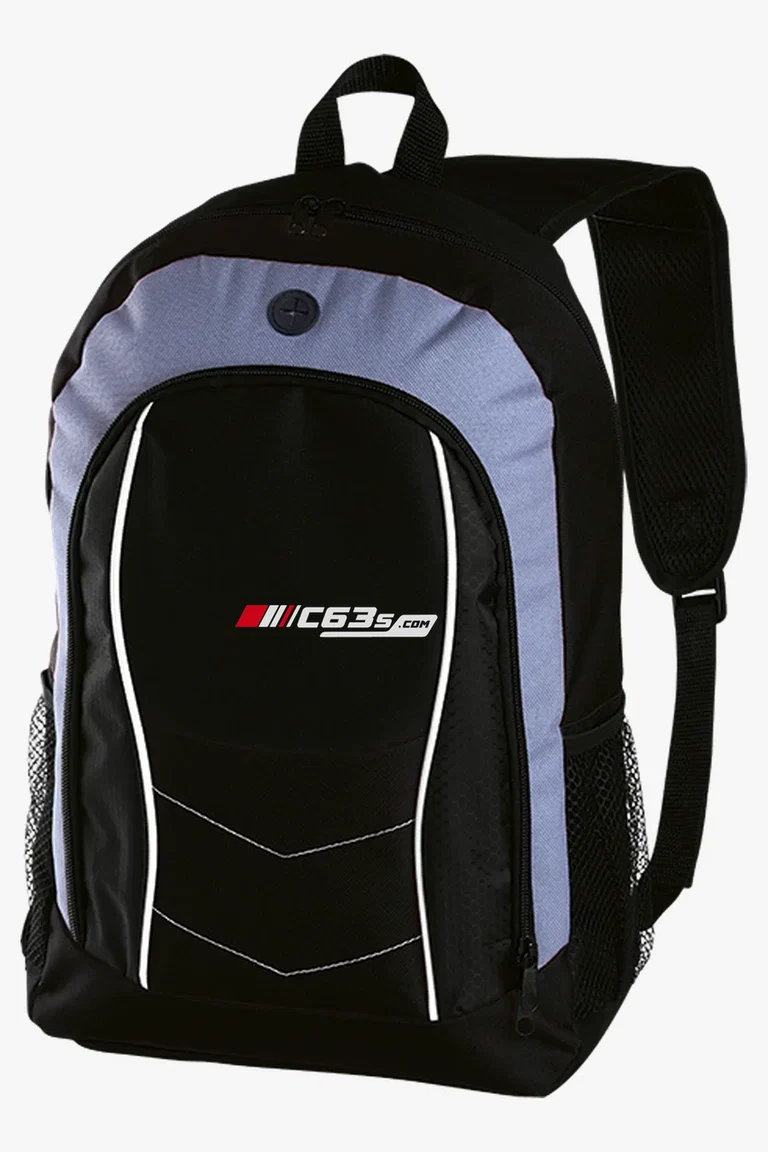 C63s Arrow Design Backpack with Front Flap — C63s logo branding preview; custom branding quoted separately