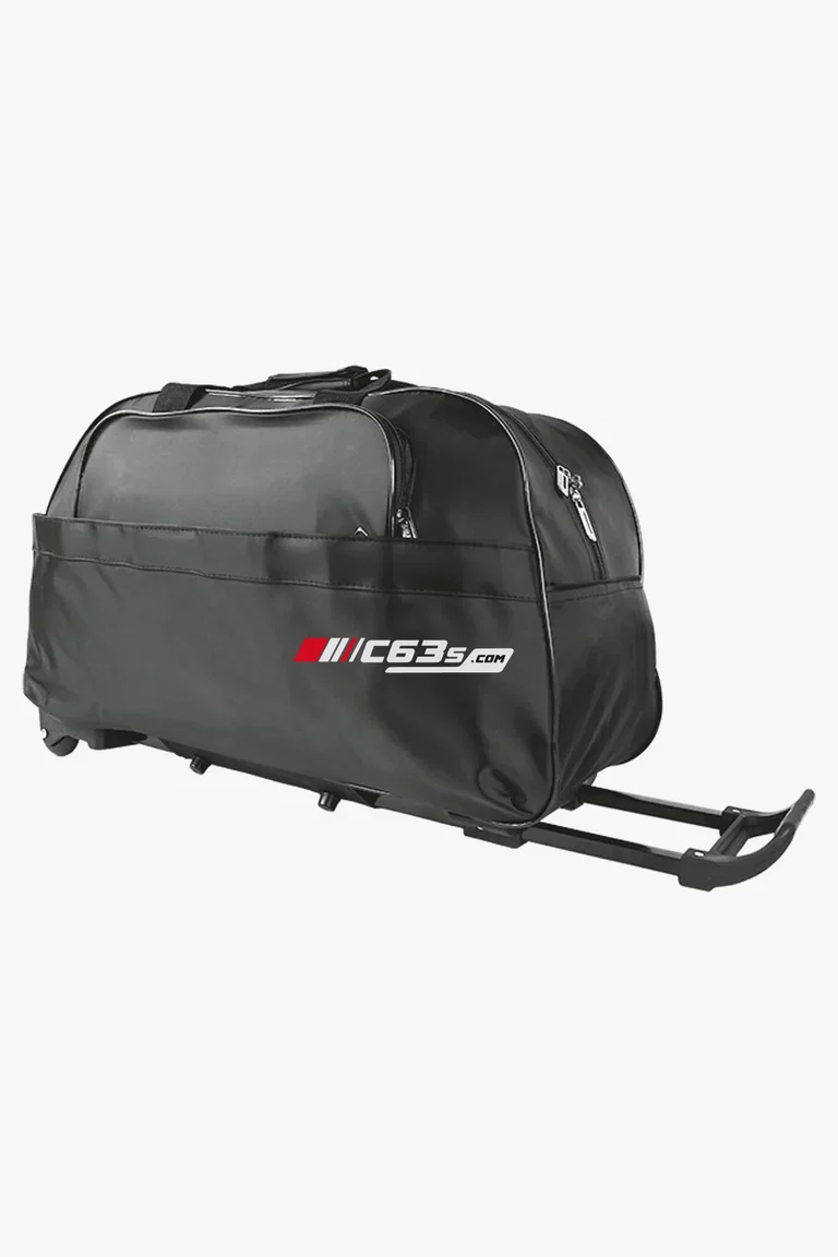 C63s Voyage Wheeled Duffle — C63s logo branding preview; custom branding quoted separately