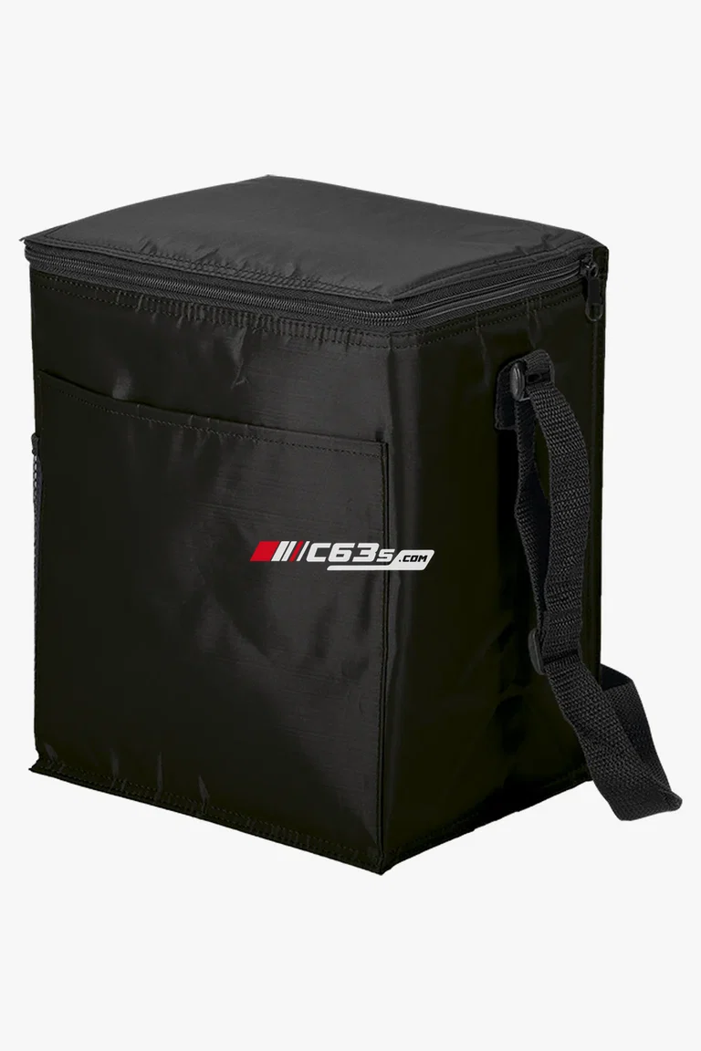 C63s 12 Can Cooler with 2 Exterior Pockets 70D PEVA Lining — C63s logo branding preview; custom branding quoted separately