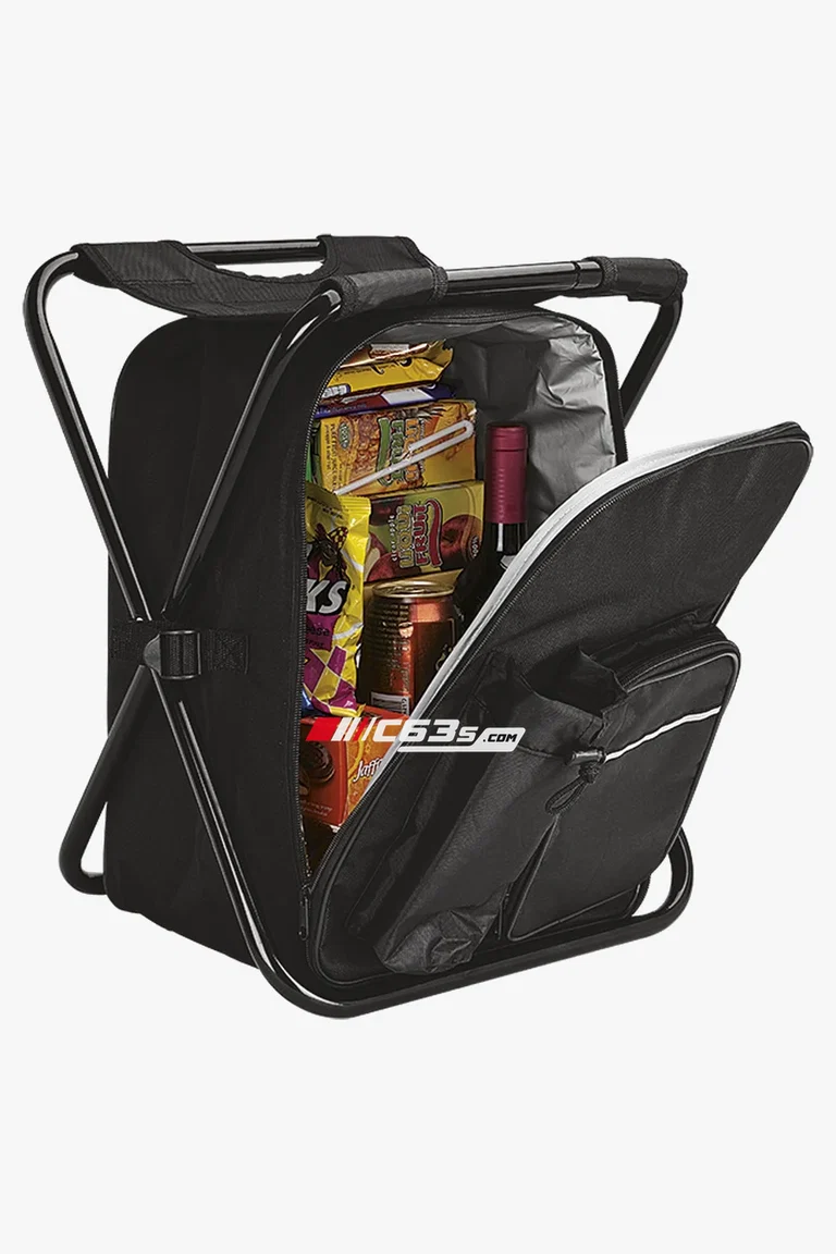 C63s Picnic Chair Backpack Cooler 420D 600D PEVA Lining — C63s logo branding preview; custom branding quoted separately