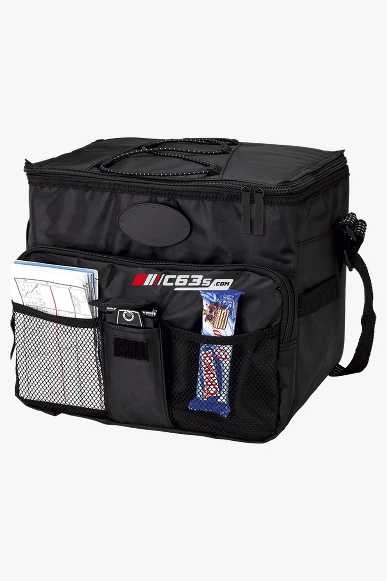 C63s 18 Can Cooler with 2 Front Mesh Pockets — C63s logo branding preview; custom branding quoted separately